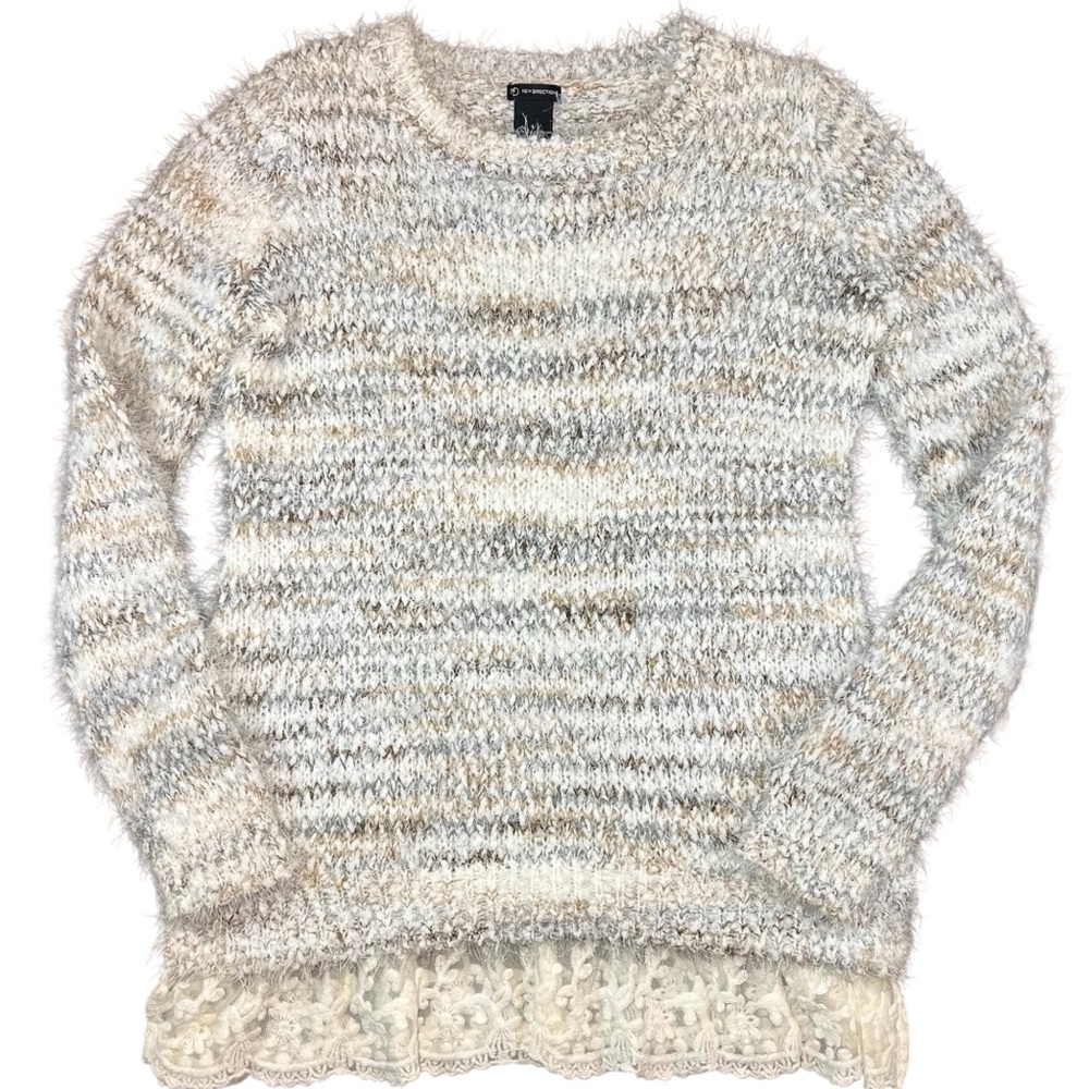 New‎ Directions Sweater Womens L Cream Tan White Excellent Eyelash Lace Trim Hem